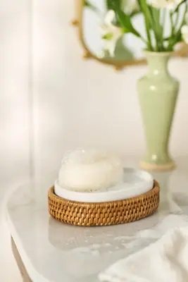 Handwoven Rattan Oval Soap Dish with Ceramic Insert