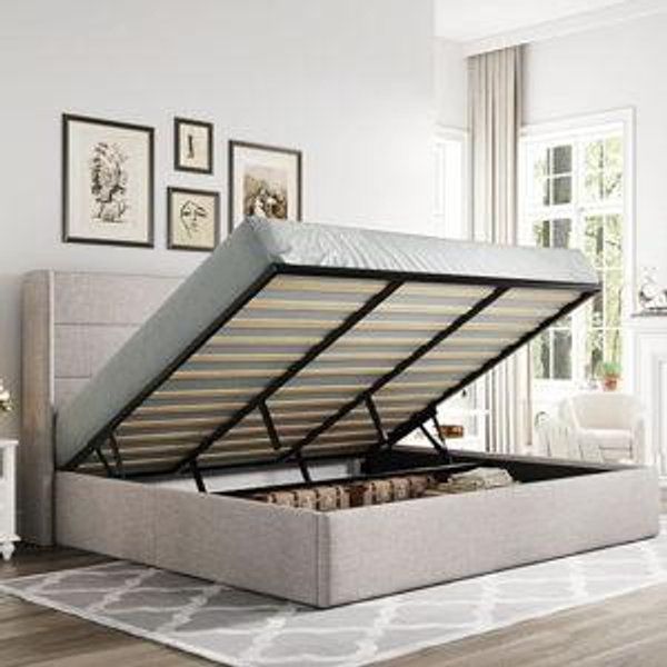 Allewie King Size Lift Up Storage Bed, Modern Wingback Headboard, Hydraulic Support, No Box Spring Needed, Light Beige