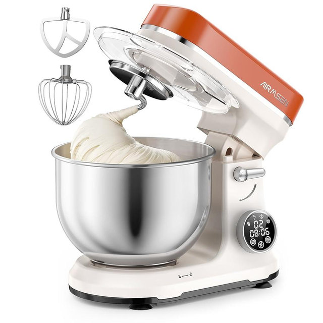 AIRMSEN Automatic Stand Mixer with LED Touchscreen & Timer - 11 Speed Tilt-Head Dough Mixer Fits 5.3QT Bowl & 3-IN-1 Attachments - Kitchen Electric Mixer for Bread Cake Baking - Beige and Orange