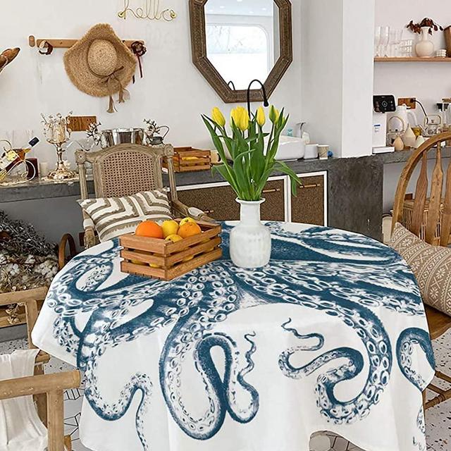 ARTSHOWING Ocean Sea Table Cloth, Oil-Proof Spill-Proof Waterproof Square Tablecloth, Wipeable Burlap Table Cover for Indoor, Outdoor, Picnic, Camping Unique Octopus Nautical Blue 53x53inch