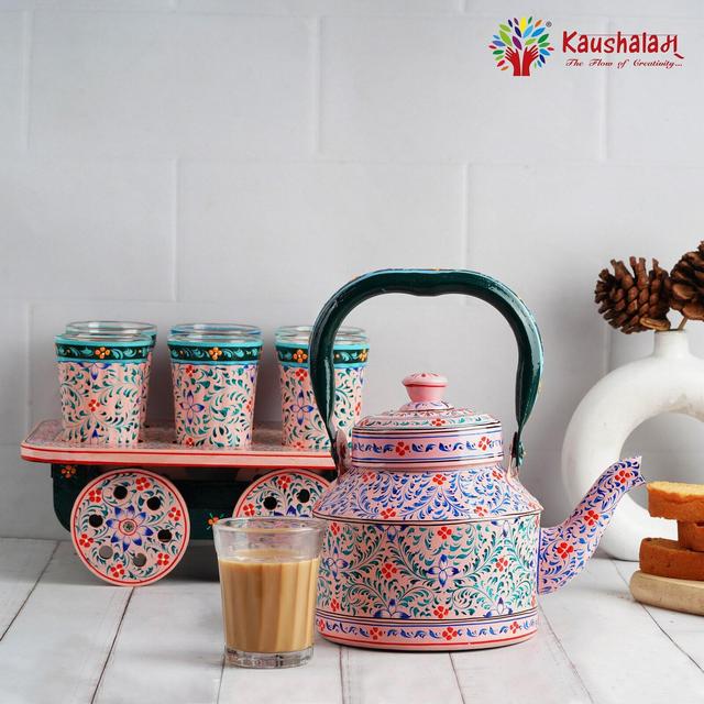Hand Painted Tea Set - Induction friendly Stainless Steel Tea Kettle, Moving Cart , 6 Tea Glasses, Pink City Tea Cart Set