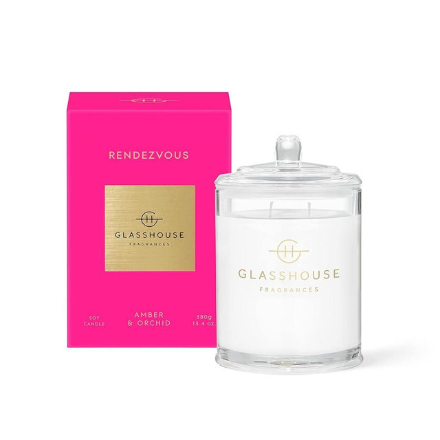 Glasshouse Fragrances Rendezvous Candle, Triple Scented Natural Soy Wax Blend, 2 Wicks & Glass Jar, 65 Hour Burn Time, Amber & Orchid, 13.4 Oz (380g)