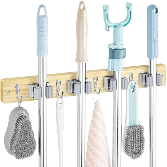 OUTNILI Mop and Broom Holder Wall Mount - Light Wood Broom Mop Hanger - Wall Mounted Garden Tool Rack Organizer for Closet Garage Laundry Room Kitchen With 4 Slots & 4 Hooks