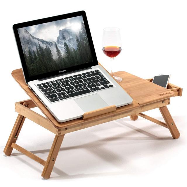 Hankey Bamboo Bed Table Serving Tray for Eating Breakfast, Reading Book, Watching Movie on iPad | Large Foldable Laptop Notebook Stand Desk with Height Adjustable Legs Drawer Cup Holder