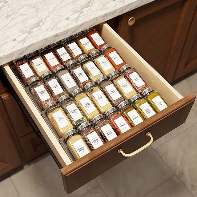 Spice Drawer Organizer with 28 Spice Jars and 378 Spice Labels, Seasoning Rack Tray Insert for Kitchen Drawers, 12.8" Wide x 17.5" Deep