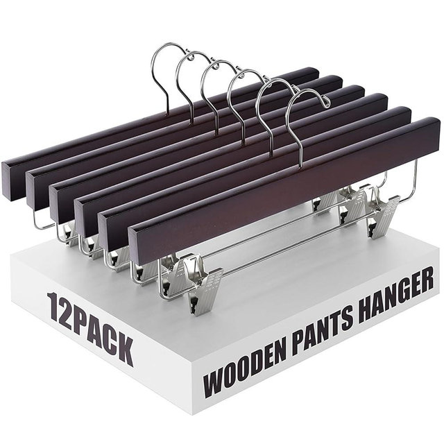 Ulimart Wooden Pants Hangers 12 Pack With Clips - Adjustable Heavy Duty for Skirts, Jeans, Slacks, Shorts (Brown)