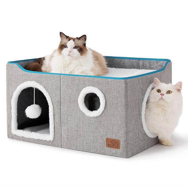 Bedsure Large Cat Beds for Indoor Cats - Extra Wide Cat Cube House for Small Pet with Fluffy Ball Hanging and Scratch Pad, Foldable Pet Cave Hideaway for Multiple Cats, 23.6x16.9x13 inches, Grey