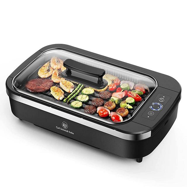Indoor Smokeless Grill-Electric Grill with Tempered Glass Lid, Removable 2-in-1 Nonstick Grill Plate, Turbo Smoke Extractor Technology, 6 Kinds of Temperature Control, Anti-slip Base,1500W, Black.