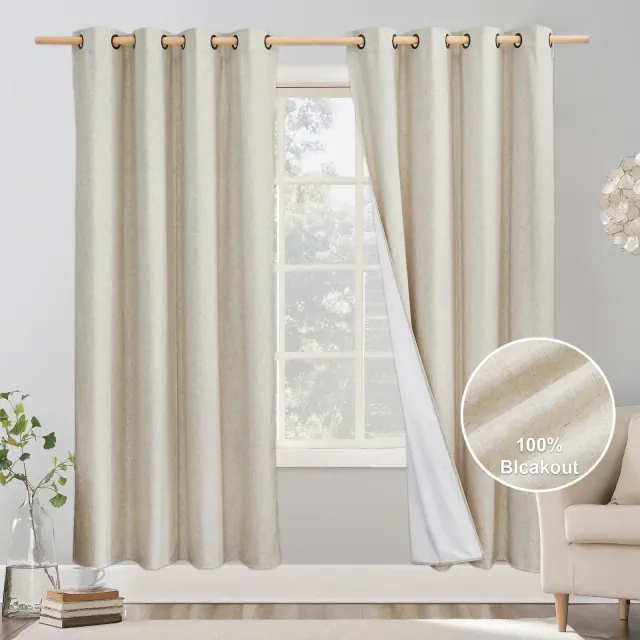 NICETOWN Blackout Noise Reducing Curtains, Linen Texture Grommet Window Treatments with Thermal Insulated Liner, 52W x 72L, Light Beige