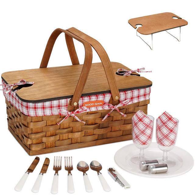 Woodchip Picnic Basket for 2 with Portable Wine Table, Woven Basket with Double Swing Handles Removable Cutlery Service Kit, Large Basket for Picnic, Camping, Family, Wedding Gifts for Couple,Red