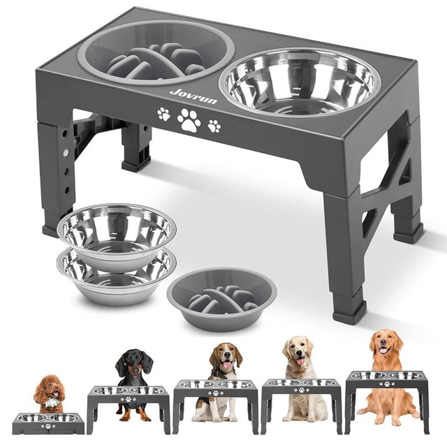 Jovrun Elevated Dog Bowls, Dog Feeder with 2 Stainless Steel Bowls &1 Slow Feeder Dog Bowls, 5 Heights Adjustable Raised Dog Bowls Stand for Medium Large Dogs, Dog Food Bowls with Non-Slip Feet