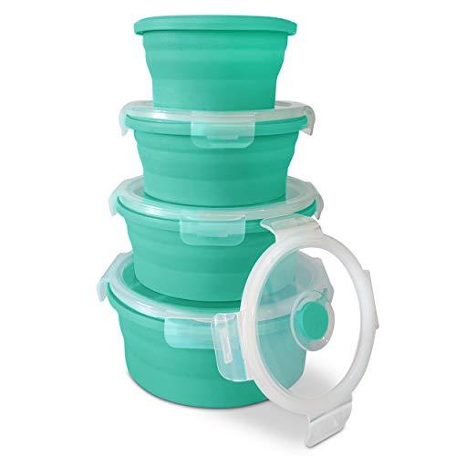 Silicone Collapsible Food Storage Container with Airtight Lid and Air Vent 4 Pack Foldable Meal Prep Round Lunch Box for Kitchen,Stackable, Space Saving,Microwave,Dishwasher and Freezer Safe (Blue)