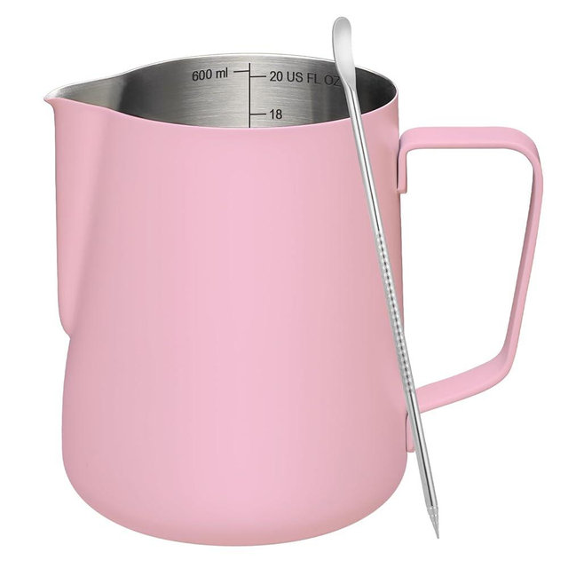 Amrules Milk Frothing Pitcher, 20 oz Milk Frother Cup with Clear Scale, 304 Stainless Steel Cappuccino Espresso Machine Accessories for Barista Coffee Bar with Latte Art Pen, Pink