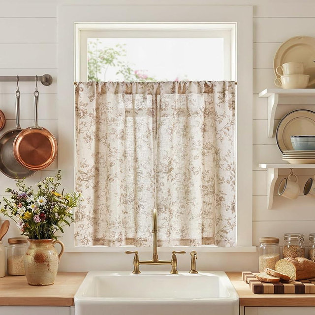 jinchan Amlie Floral Kitchen Curtains 36 Inch Length Linen Cafe Curtains Small Window Drapes Light Filtering Botanical Farmhouse for Bedroom Bathroom Rod Pocket 2 Panels Taupe on Linen