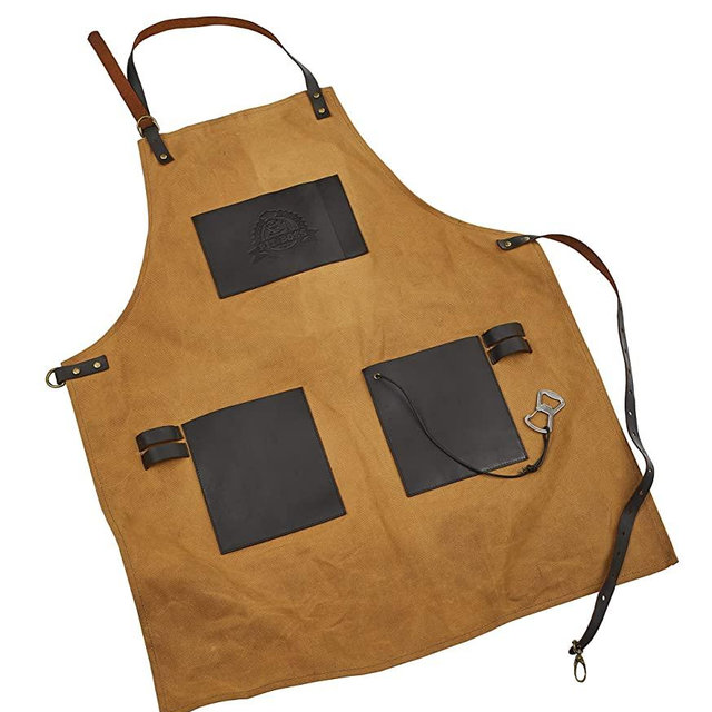 PIT BOSS 67285 Canvas and Leather Embossed Pockets and Bottle Opener BBQ Grilling Apron, Brown