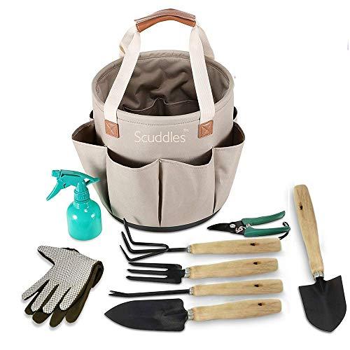 Scuddles Garden Tools Set - 9 Piece Heavy Duty Gardening Tools wIith, Ergonomic Hand Digging Weeder, Rake, Shovel, Trowel, Sprayer, Gloves Gift for Men & Women Upgraded 2020 Version