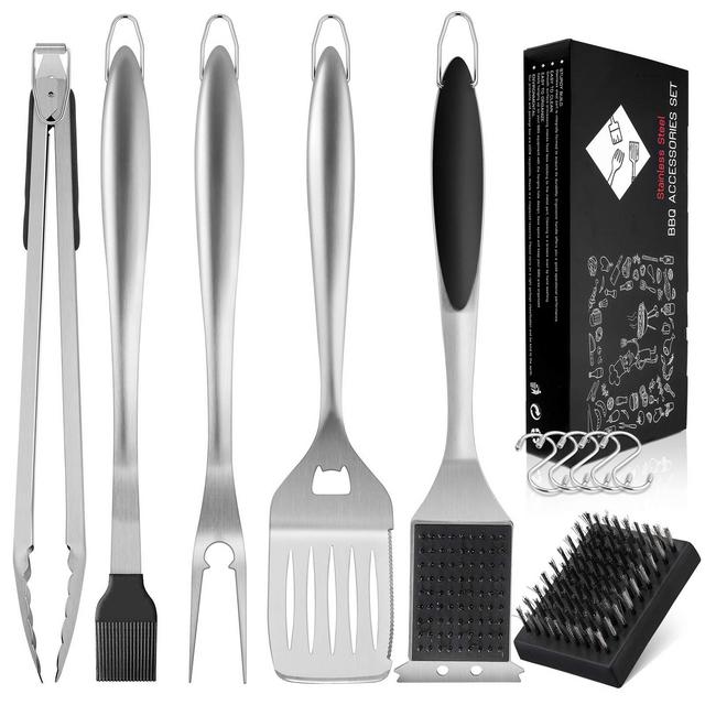 HaSteeL BBQ Grill Set of 6, Stainless Steel Grill Accessories Tools for Outdoor Grilling Cooking Camping, Heavy Duty Grill Spatula, Tong, Fork, Basting Brush Cleaning Brush, Black Man’s Gift