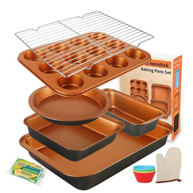 Barlket Baking Pans Set 6-Pieces, Non Stick Bakeware Set Stackable, with Cookie Sheet, Muffin, Round/Square Cake Pan, Loaf Pan, Rack, Oven Mitt for Home Baker, Gold