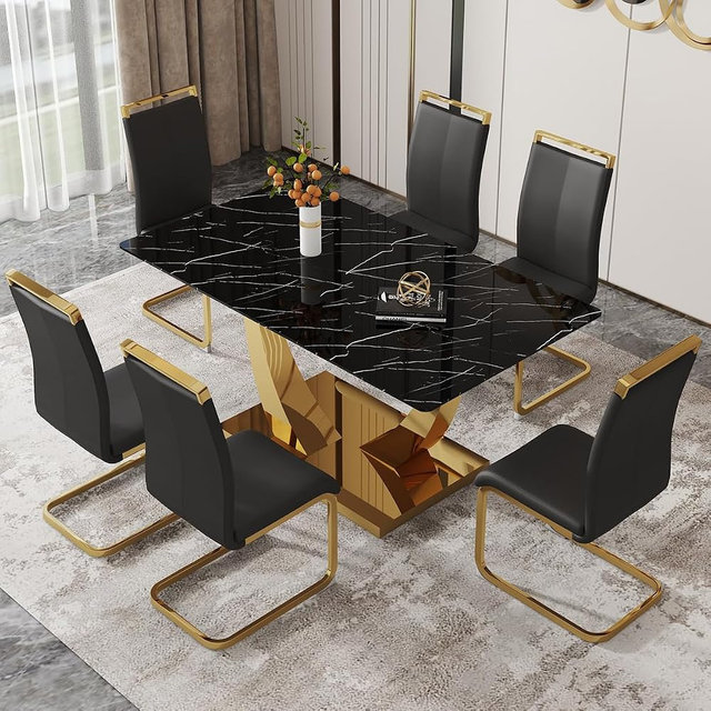 NYEESS 63” Dining Room Table Set for 6,Modern Gold Dining Table Set for 6 with PU Leather Chairs,Black Faux Marble Dinner Table Set with Tempered Glass Top and Golden Base