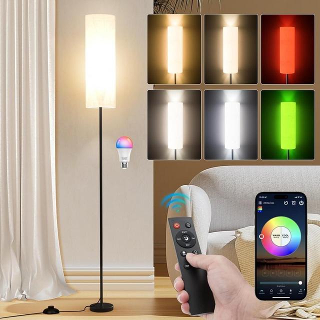 Frideko Floor Lamps for Living Room, Dimmable 3 Colors Temperature, Modern Floor Lamp with Remote, Tall Standing Lamps for Living Room Bedroom Office Corner, Foot Switch, Beige Shade, 9W RGB LED Bulb
