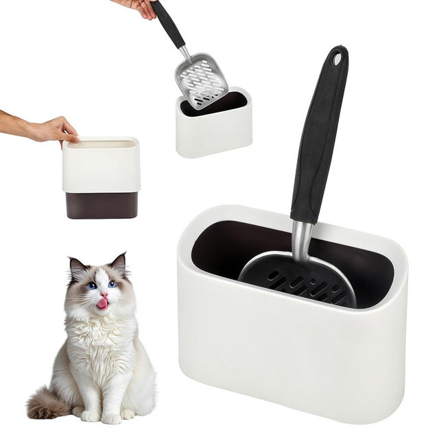 Midollarle Heavy-Duty Cat Litter Scoop with Holder, Metal Cat Scooper and Detachable Trash Can,Aluminum Kitty Poop Shovel Captures All Clumps,Speed Sifter Litter Box Scooper and Caddy with Lid(White)