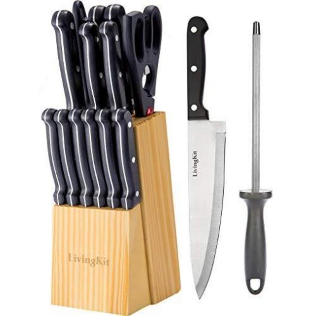 LivingKit Stainless Steel Kitchen Knife Block Set Block 14 Piece For Home Cooking Culinary School Commercial Kitchen Wooden Block