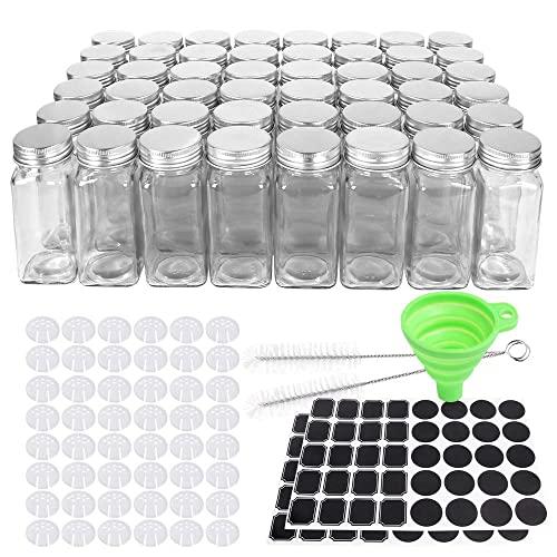 CycleMore 48 Pack 4oz Glass Spice Jars Bottles, Square Spice Containers with Silver Metal Caps and Pour/Sift Shaker Lid-80pcs Black Labels,1pcs Silicone Collapsible Funnel and 2pcs Brush Included