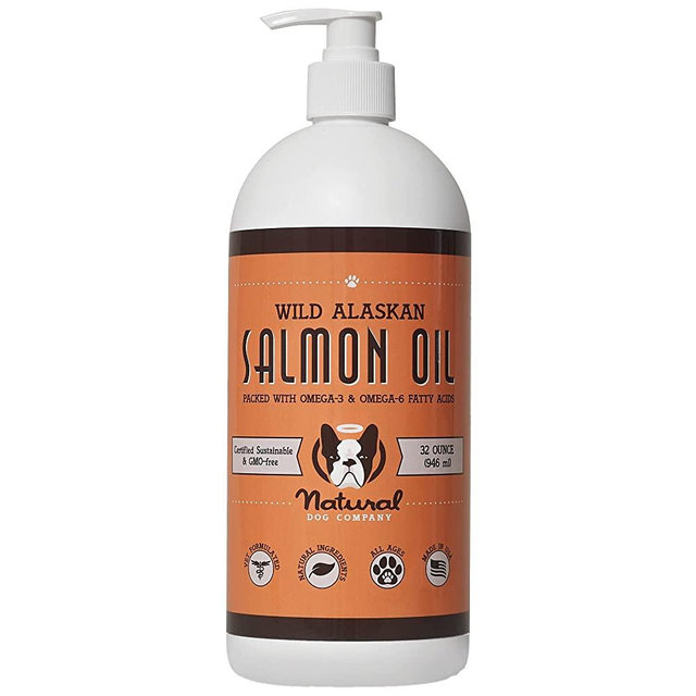 Natural Dog Company Wild Alaskan Salmon Oil for Dogs (32 oz) Skin & Coat Supplement for Dogs, Dog Oil for food with Essential Fatty Acids, Fish Oil Pump for Dogs, Salmon Oil for Puppies, Wild Fish Oil