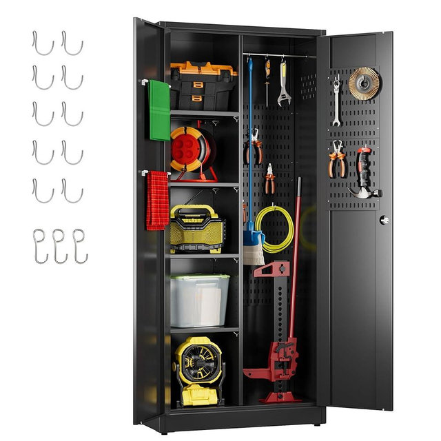 Aobabo Broom Closet Storage Cabinet, Lockable Garage Storage Cabinet for Home Garage, 61.61" H×27.55" W×13.77" D, Assembly Required, Black