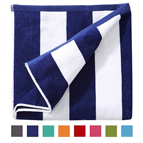 Great Bay Home Oversized Plush Velour 100% Cotton Beach Towel. Cabana Stripe Pool Towel for Adults. (Navy, 40" x 70")