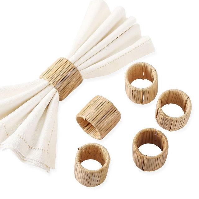 Folkulture Napkin Rings Set of 6, Farmhouse Napkin Ring for Dinner Tables, Handmade Napkin Rings Holder for Wedding, Housewarming, Home or for Birthdays Parties, Handwoven Natural Rattan