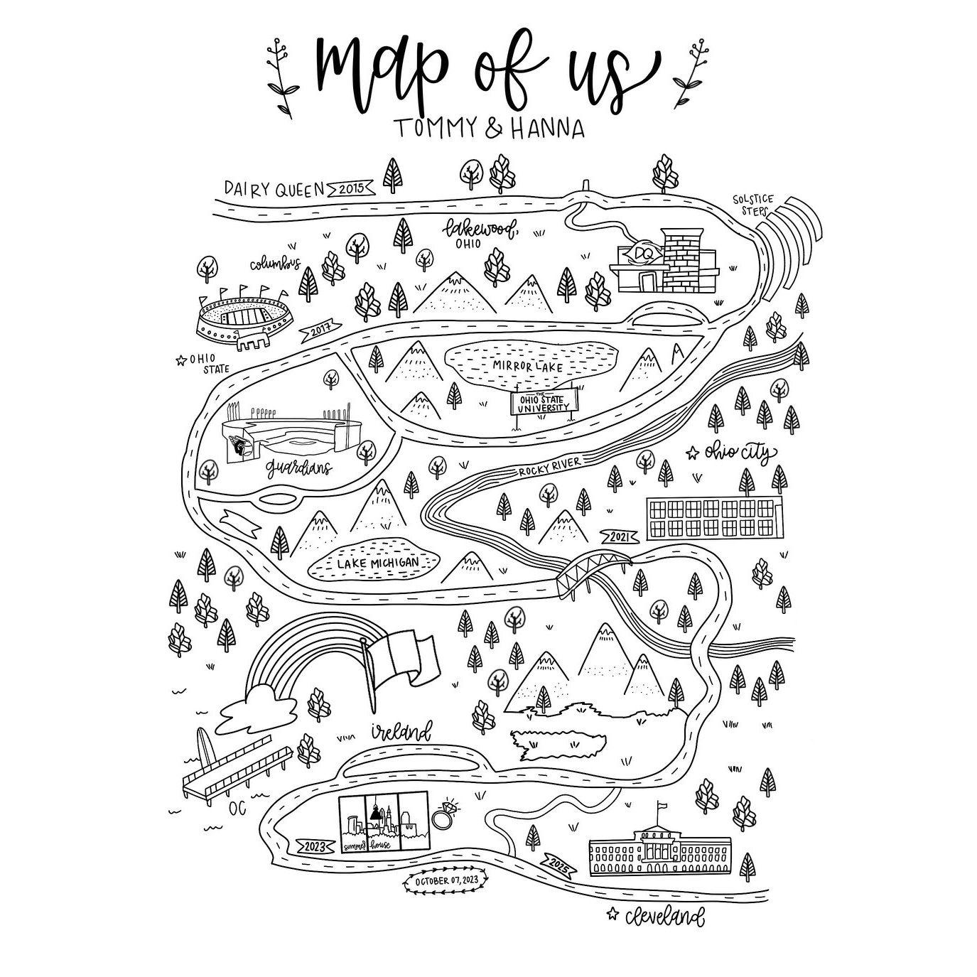 Emma Yonkers, maid of honor and long-time best friend of the Bride, created this visual map to describe our love story!