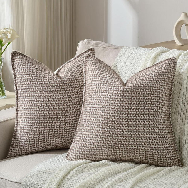 FUTEI Coffee Decorative Throw Pillow Covers 18x18 Inch Set of 2,Soft Houndstooth Gingham Textured Cushion Case,Modern Home Decor for Couch Bed Living Room