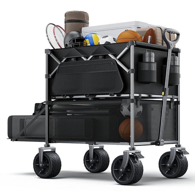 Foldable Wagon Cart,Everyfun 480Lbs Double Decker Wagon,Beach Carts with Big Wheels&Side Pocket&Dustbag,Large Capacity Folding Wagon for Shopping,Garden,Camping,Fish,New Wave Sports Wagon-Black