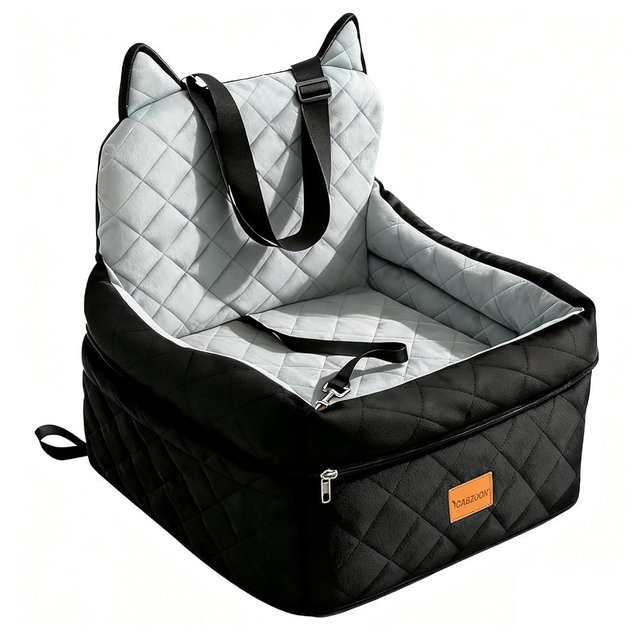 CABZOON Dog Car Seat for Small/Medium Dogs Up to 35lbs,Elevated Cushion Fits in Front/Back Seat,Travel Safety Per Car Bed with Washable Removable Cover, Storage 2 Pockets Black-Grey