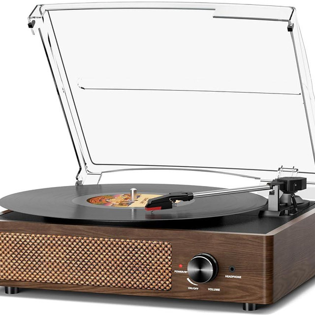 Bluetooth Vinyl Record Player,3-Speed Turntable with Stereo Speakers Vintage Phonograph Record Player, with RCA Line Out AUX in Headphone Jack Coffee Wood