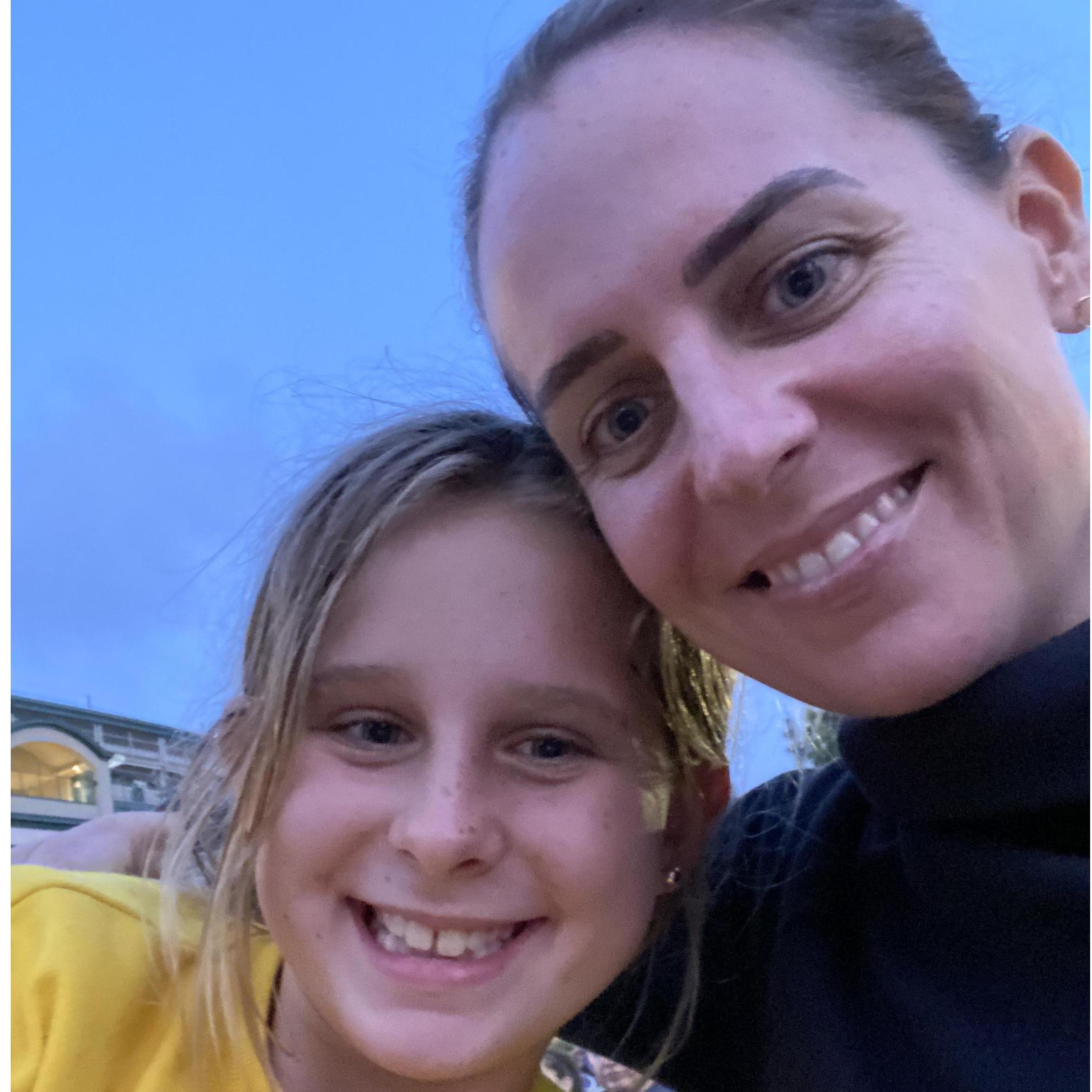Movie night at Wrigley! She likes Mighty Ducks 2!