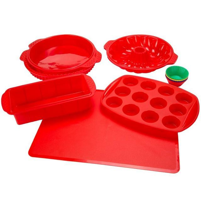 Silicone Baking Pan Set - 18-Piece Set includes Cupcake Molds, Muffin Pan, Bread Pan, Cookie Sheet, Pie Pan, and Bundt Pan by Classic Cuisine (Red)