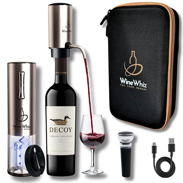 Electric Wine Aerator & Opener Set by WineWhiz with Case and Accessories (Rechargeable Stainless Steel Corkscrew, Dispenser, Foil Cutter Tool, Stopper), Ideal Gift for Housewarming