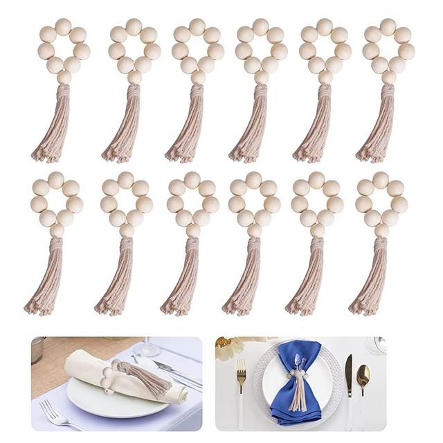 Napkin Rings Set of 12, Handmade Farmhouse Wood Beaded Napkin Ring with Rope Tassel Tabletop Decor for Dinning Table Setting, Party, Wedding, Family Gatherings (Yellow)