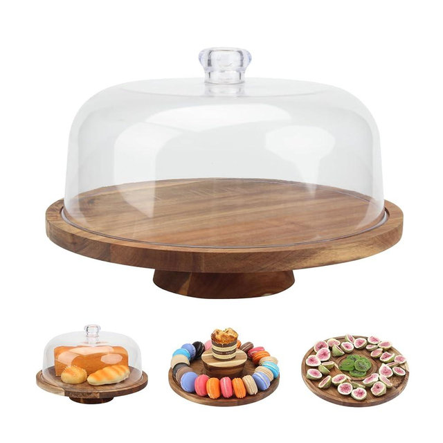 KVMORZE 12'' Wooden Cake Stand with Dome Cover, Multi Function Cake Holder Serving Platter with Acrylic Lid for Kitchen, Use as Cake Holder, Salad Bowl, Punch Bowl, Desert Platter, Veggie Stand