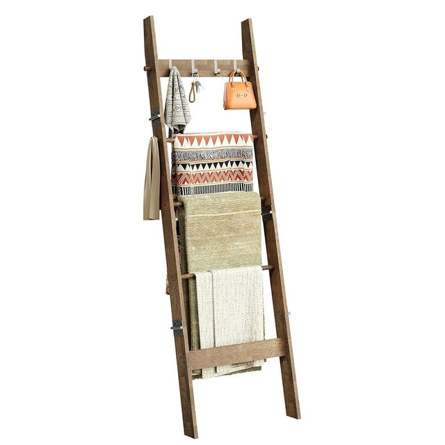 HonyQiShuo 5-Tier Bamboo Ladder Shelf, Farmhouse Style Blanket Ladder, Rustic Decorative Ladder with 4 Removable Hooks, Brown