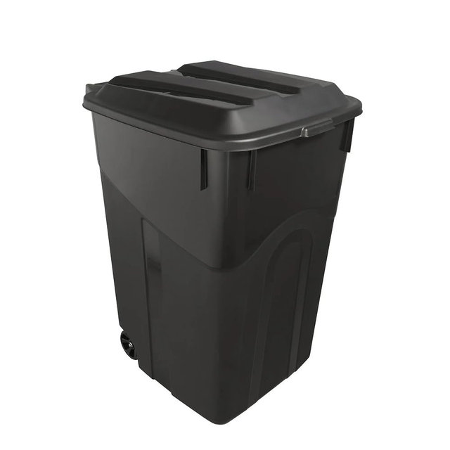 45-Gallon Heavy-Duty Wheeled Trash Can with Attached Lid, Black, Outdoor Garbage Bin