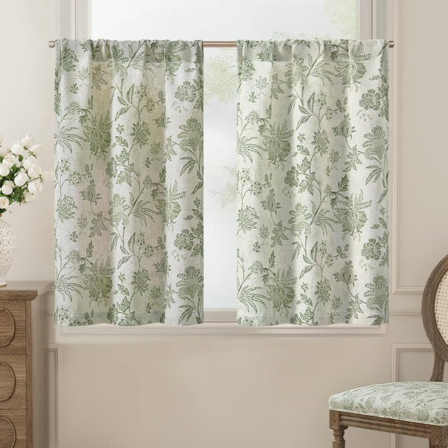 jinchan Floral Linen Tier Curtains 24 Inch Farmhouse Cafe Curtains Rod Pocket Country Flower Drapes for Small Windows for Kitchen Laundry Room Bathroom RV 2 Panels Light Filtering Sage Green on Beige