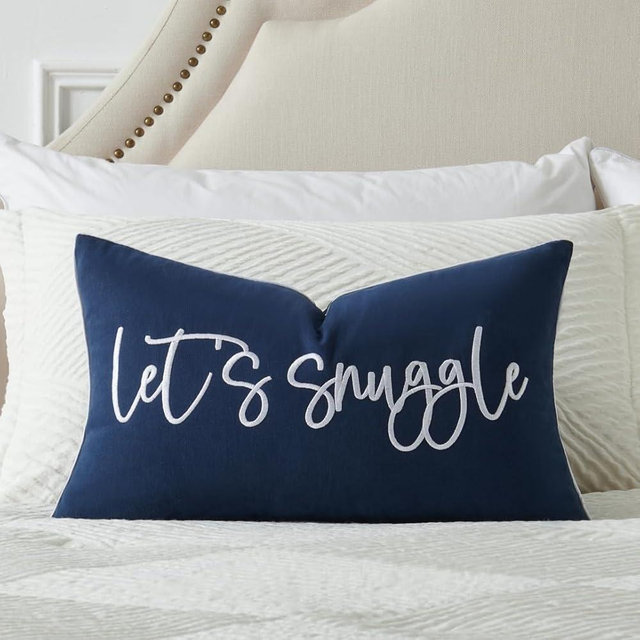 Sunkifover Let's Snuggle Decorative Lumbar Pillow Cover - 12x20 Inch Blue and White Cotton Embroidery Throw Pillowcase for Bed, Bedroom, Living Room, Home Decor
