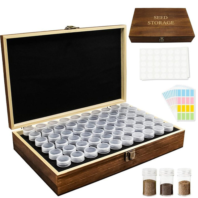 Duluvop Seed Storage Organizer,60 Slots Pine Wood Seed Storage Box,Portable Seed Saving Box with 230 Labels,Seed Container,Wooden Seed Organizer Kit For Flower Plants Vegetable Seed