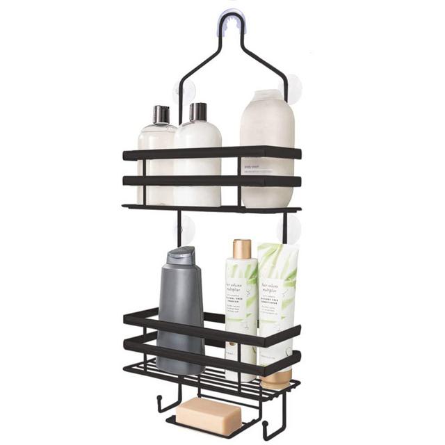 Gorilla Grip Anti-Swing Oversized Shower Caddy, Rust Resistant Organizer, Holds 11 lbs, Strong Suction Cups, Hooks, Easy Hanging Bathtub Shampoo and Accessories Caddies for Showerhead, 3 Shelf, Black