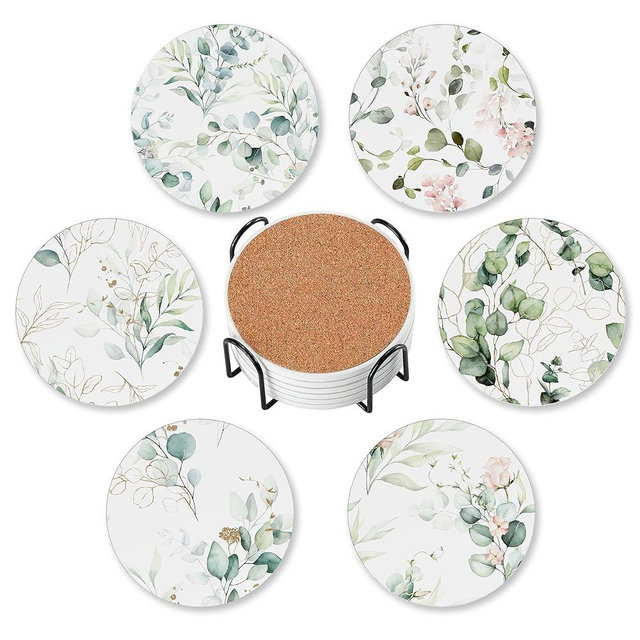 6 Pcs Drink Coasters with Holder,Abstract Watercolor Floral Green Leaves Absorbent Round Ceramic Coaster for Tabletop Protection,for Coffee Cup Beverage Coasters Wine Beer Bar
