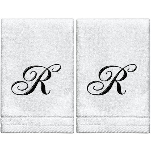 Monogrammed Towels Fingertip, Personalized Gift, 11 x 18 Inches - Set of 2- Black Embroidered Towel - Extra Absorbent 100% Cotton- Soft Velour Finish - For Bathroom/ Kitchen/ Spa- Initial R (White)