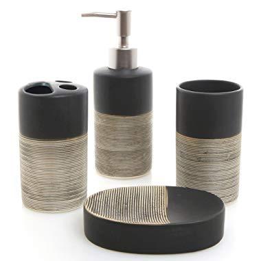 MyGift Deluxe 4 Piece Black & Beige Ceramic Bathroom Set w/Soap Dispenser, Toothbrush Holder, Tumbler & Soap Dish